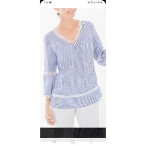 Chico's blue white striped linen blouse 3/XL lace trim top beach grannycore